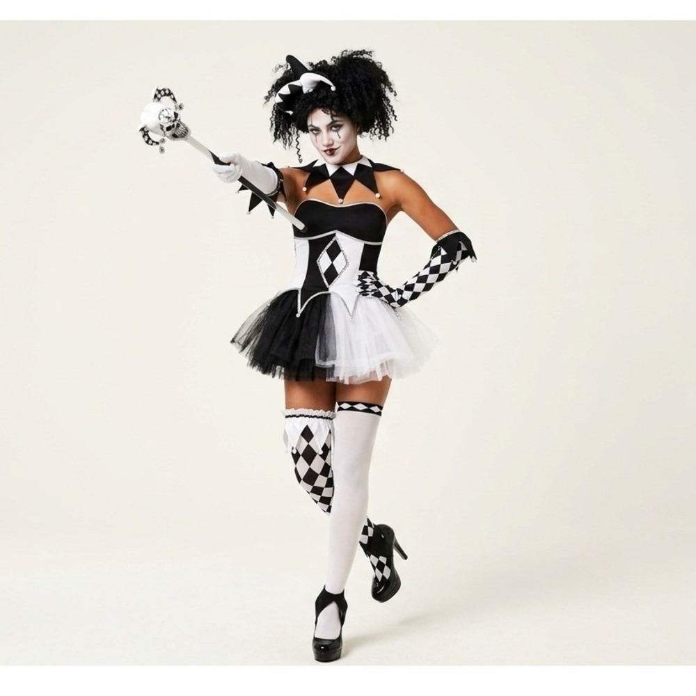 Tricksterina Bromista Costume Women Jester Harlequin Costume Black White Size L